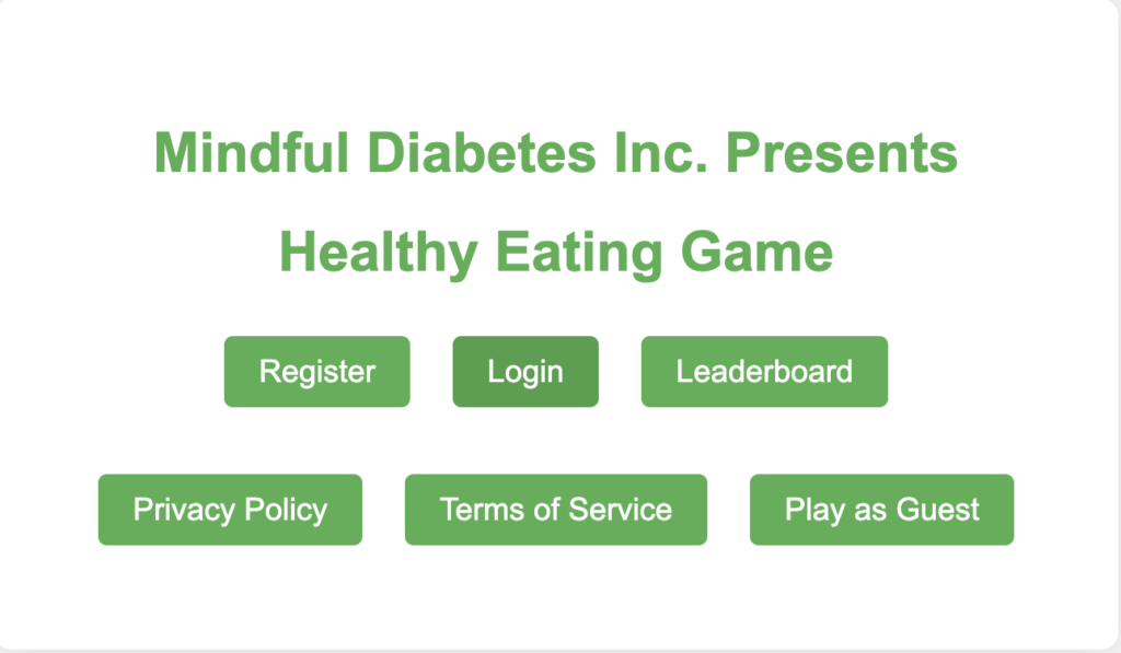 Main menu screen for the Healthy Eating Game by Mindful Diabetes Inc.